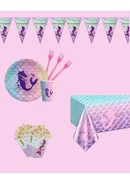 Deniz Kızı 8 Kişilik Doğum Günü Parti Seti - Deniz Kızı Konsepti Doğum Günü Süsleri