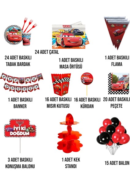 Cars Temalı Doğum Günü Parti Seti - Erkek Çocuklara Özel Parti Masa Süsleri 24 Kişilik fiyatları