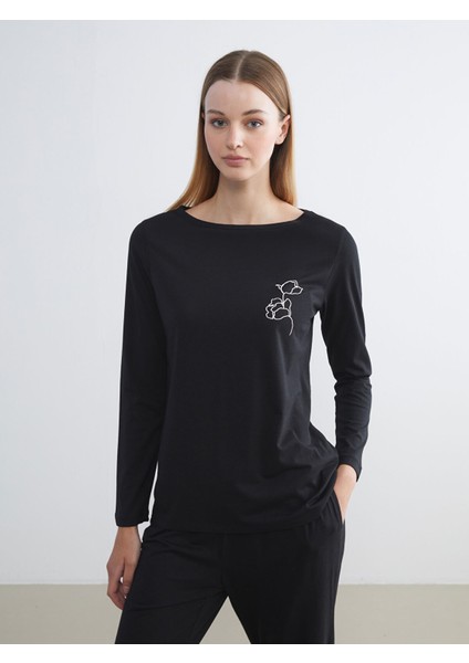 Yeni Sezon Bisiklet Yaka Baskılı Kadın Pijama Üst