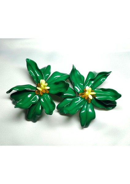 Çelik Büyük Boy Statement Yeşil Çiçek Küpe Abartı Şık Iddialı Moda