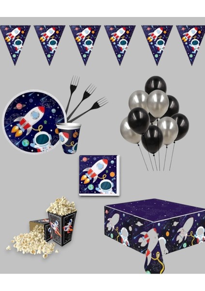 Kozmik Uzay Astronot Konsept Doğum Günü Parti Seti - Erkek Çocuklara Özel Parti Süs 24 Kişilik