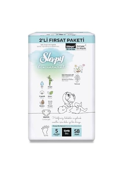 Sleepy Bio Natural 2'li Fırsat Paketi Bebek Bezi 5 Numara Junior 58 Adet Cırtlı Bez modelleri