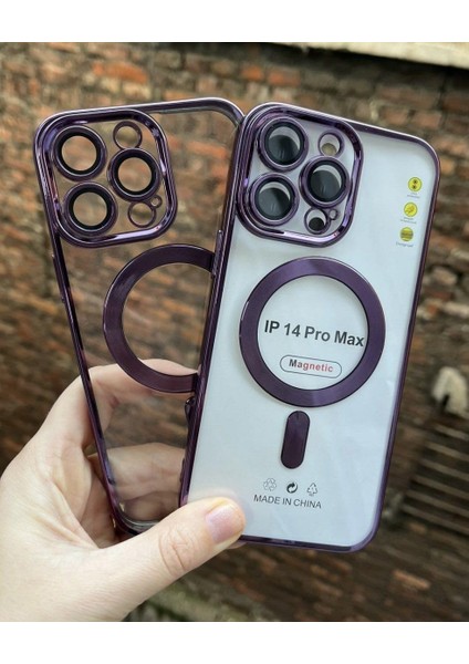 Aks 13 Pro Max Için Kablosuz Şarj ile Uyumlu, Kamera Lens Korumalı Kılıf Mor