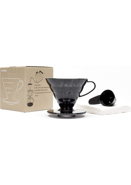 V60 02 Plastik Dripper ve 40’lı Filtre Kağıdı Seti, Siyah Şeffaf