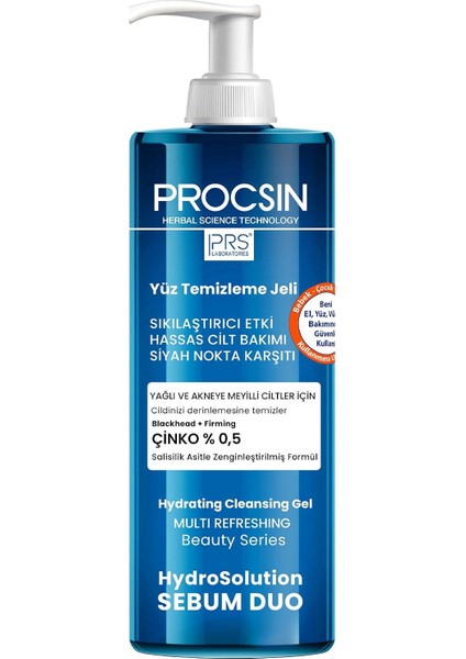 Procsın Hydro Solution Akne Karşıtı & Yağ Dengeleyici Yüz Temizleme Jeli, Çinko & Salisilik Asit, Derinlemesine Temizlik & Sebum Kontrolü, 400 ml
