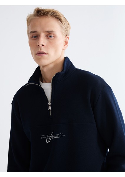 Yeni Sezon Dik Yaka Baskılı Erkek Kalın Sweatshirt