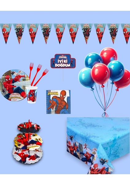Örümcek Adam 24 Kişilik Doğum Günü Parti Seti - Örümcek Adam Konsepti Kek Standı