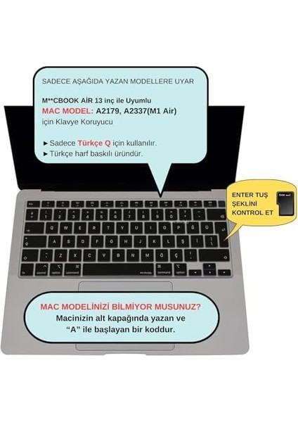 MacBook Air Klavye Koruyucu – 13INÇ M1 A2337,A2179 Uyumlu • Türkçe Q Düzen • Silikon Ince Kaplama • Toz ve Sıvı Koruması • Uk Iso Klavyeyi Türkçeye Çevirme Desteği Siyah fiyatları