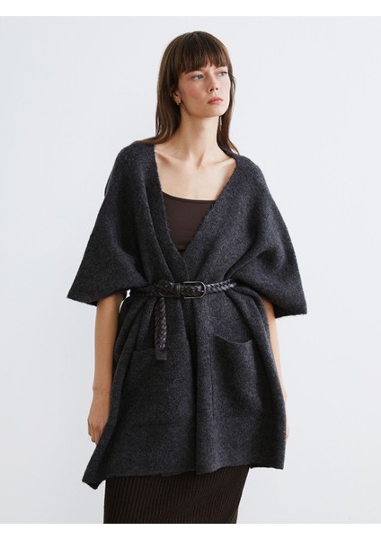 Yeni Sezon Şal Yaka Oversize Kadın Triko Panço