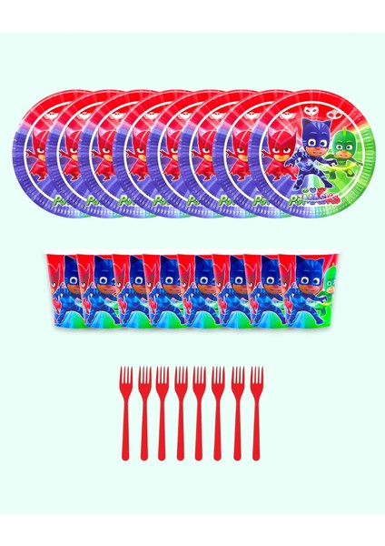 Pijamaskeliler Tabak Bardak Çatal 8 Kişilik Doğum Günü Parti Malzemesi - Pj Maskeli Parti Süsleri