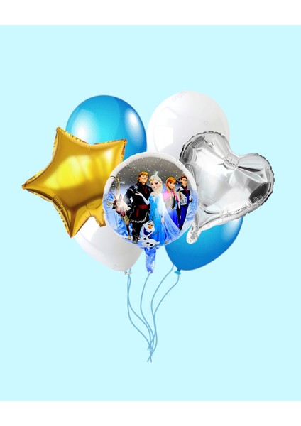 Frozen Elsa Yuvarlak Folyo Balon Seti - Kalp ve Yıldız Doğum Günü Parti Seti