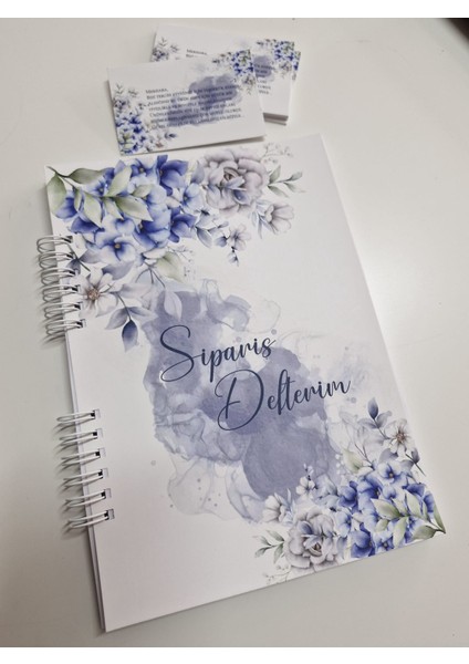 Sipariş Defteri Mavi Ortanca Çiçekli 50 Yp ve 30 Not Kartı Seti