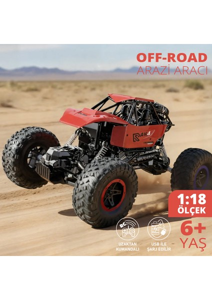 Uzaktan Kumandalı 4x4 Off-Road Arazi Aracı – 1.18 Metal Süspansiyonlu Kırmızı