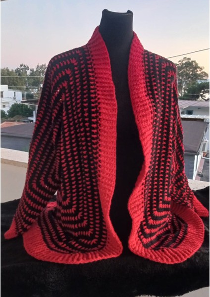 Bohem Kırmızı Siyah Koton Tamamen El Örgüsü Sonbahar Hırkası- Salaş Zigzag Desenli Koton Hırka fiyatları