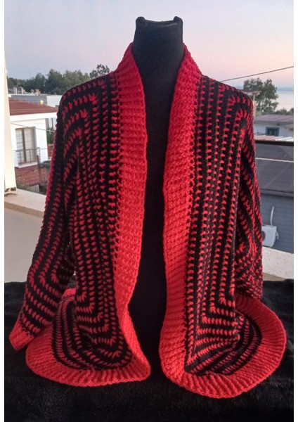 Bohem Kırmızı Siyah Koton Tamamen El Örgüsü Sonbahar Hırkası- Salaş Zigzag Desenli Koton Hırka modelleri