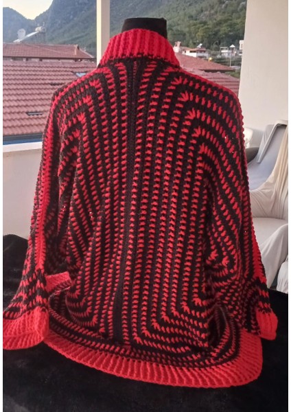 Bohem Kırmızı Siyah Koton Tamamen El Örgüsü Sonbahar Hırkası- Salaş Zigzag Desenli Koton Hırka fırsatları