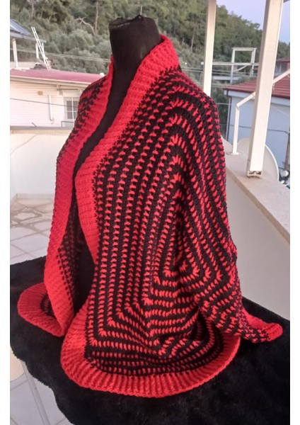 Bohem Kırmızı Siyah Koton Tamamen El Örgüsü Sonbahar Hırkası- Salaş Zigzag Desenli Koton Hırka indirimleri