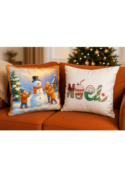 Çift Tarafı Baskılı Candy Christmas Desenli 2'li Set Kadife Kırlent Kılıfı Yılbaşı - Noel