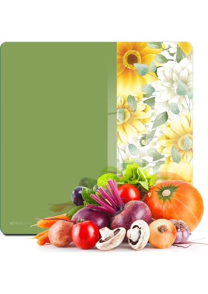 Cam Kesme Tahtası ve Sunumluk Kare Yeşil Vintage Sarı Çiçek 30X30 cm