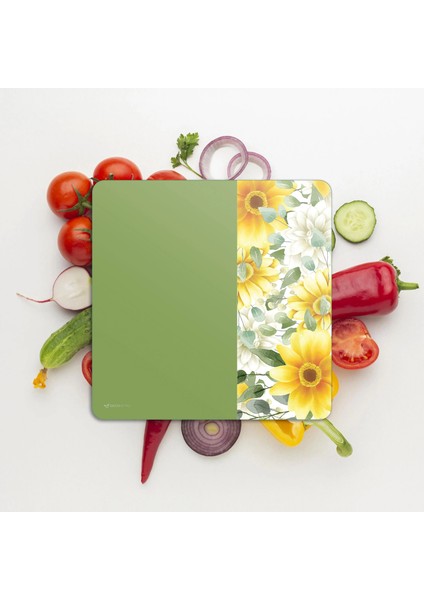 Cam Kesme Tahtası ve Sunumluk Kare Yeşil Vintage Sarı Çiçek 30X30 cm modelleri