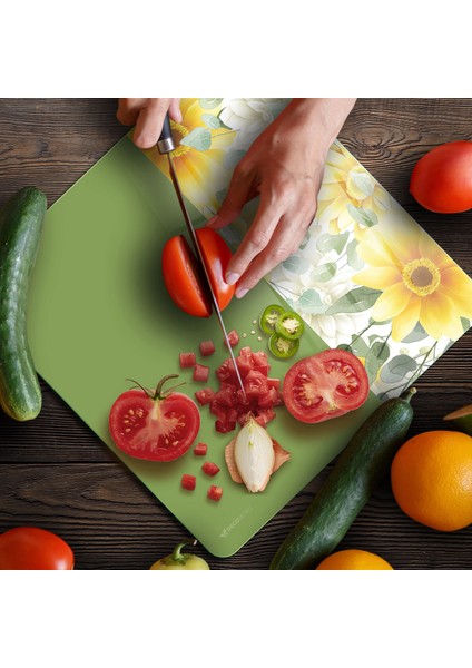 Cam Kesme Tahtası ve Sunumluk Kare Yeşil Vintage Sarı Çiçek 30X30 cm fırsatları