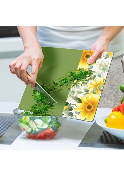 Cam Kesme Tahtası ve Sunumluk Kare Yeşil Vintage Sarı Çiçek 30X30 cm indirimleri
