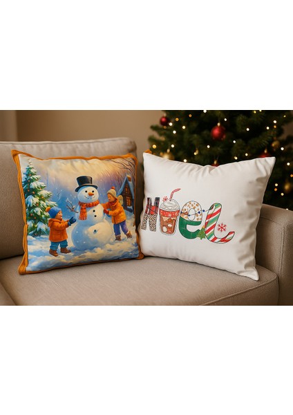 Çift Tarafı Baskılı Candy Christmas Desenli 2'li Set Kadife Kırlent Kılıfı Yılbaşı - Noel modelleri