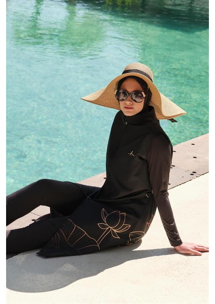 HSM-3048-B Azure Bakır Yaprak Desenli Tesettür Mayo