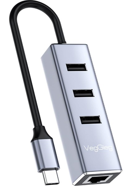 Veggieg USB Type-C To 100MBPS Ethernet Çevirici ve 3 Portlu USB Hub Çoklayıcı