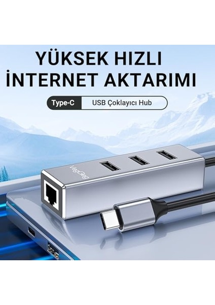 Veggieg USB Type-C To 100MBPS Ethernet Çevirici ve 3 Portlu USB Hub Çoklayıcı fiyatları