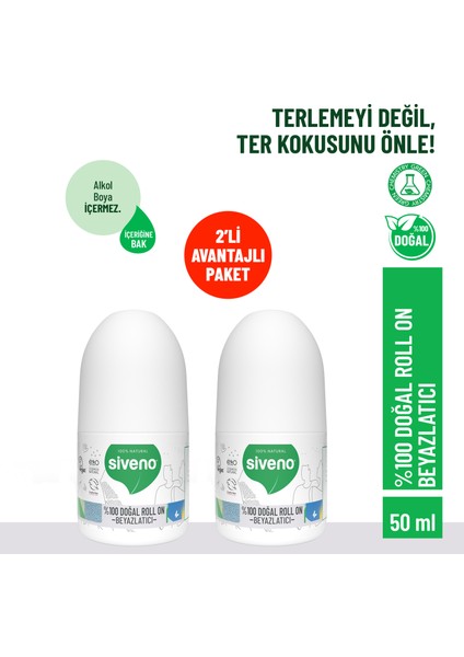 %100 Doğal Roll-On Beyazlatıcı Etkili Deodorant Ter Kokusu Önleyici Bitkisel Lekesiz Vegan 50 ml 2X Adet