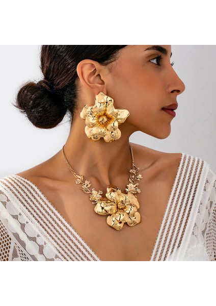 Kişisel, A Tılı, Şık Büyük Çiçekli Küpe ve Kolye Seti, Bayanlar Için Parti ve Yemeklerde Kullanıma Uygundur (Yurt Dışından)