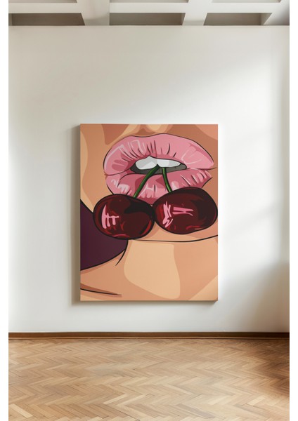 Kiraz Dudak Illüstrasyonu - Kanvas Tablo - Pembe Pop Art Meyve Figürlü Duvar Dekoru