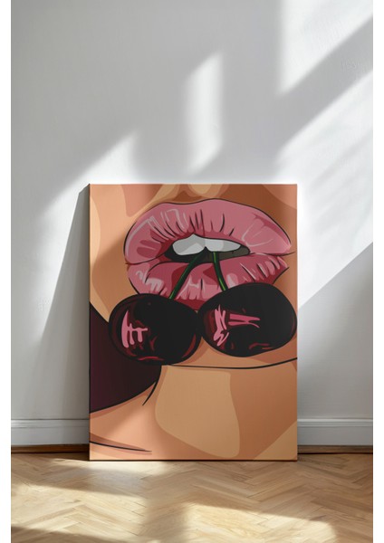 Kiraz Dudak Illüstrasyonu - Kanvas Tablo - Pembe Pop Art Meyve Figürlü Duvar Dekoru fiyatları