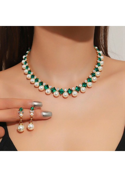 Modeli, Gelinlik Için 珠宝 Takı, Alaşım Taşlı Kolye ve Küpe Üçlü Seti, Model (Yurt Dışından)