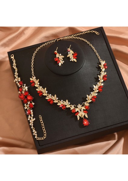 Yaprak Taşlı Simli Kolye Küpe Üçlü Evlilik Takısı (Yurt Dışından)