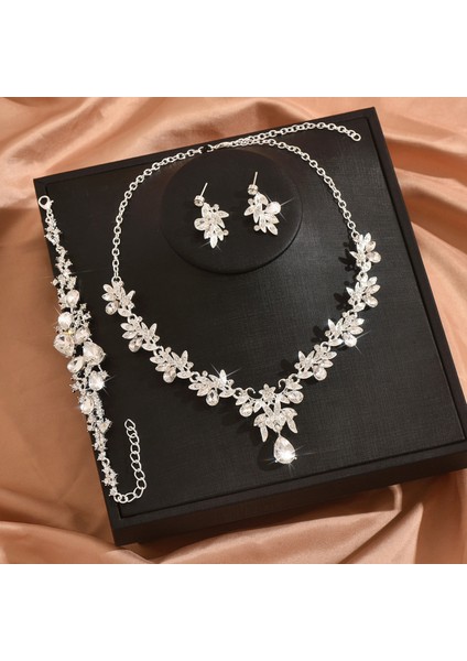 Yaprak Taşlı Simli Kolye Küpe Üçlü Evlilik Takısı (Yurt Dışından)