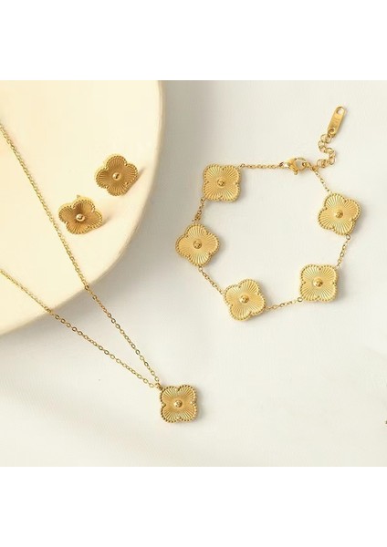 Popüler Dört Yapraklı Yonca Kolye, Bileklik ve Küpe Üçlü Seti, Her Kombinle Uyumlu Şanslı Dört Yapraklı Yonca ve Omuz Z珠宝ri Küpeler (Yurt Dışından)