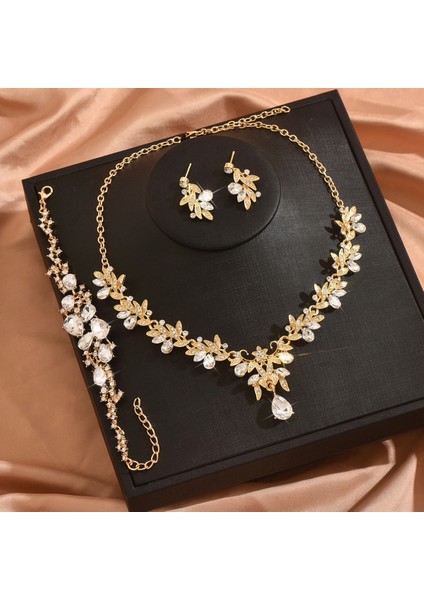 Yaprak Taşlı Simli Kolye Küpe Üçlü Evlilik Takısı (Yurt Dışından)