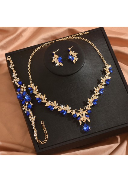 Yaprak Taşlı Simli Kolye Küpe Üçlü Evlilik Takısı (Yurt Dışından)