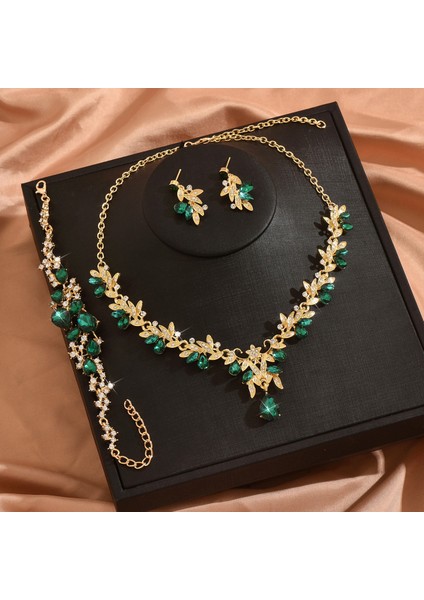 Yaprak Taşlı Simli Kolye Küpe Üçlü Evlilik Takısı (Yurt Dışından)