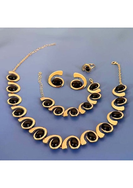 Retro Spiral Salyangoz Kolye Bileklik Yüzük Küpe 4 Parça Seti Zarif Lüks Çekici Avrupa-Amerikan Tarzı Takı (Yurt Dışından)