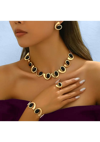 Retro Spiral Salyangoz Kolye Bileklik Yüzük Küpe 4 Parça Seti Zarif Lüks Çekici Avrupa-Amerikan Tarzı Takı (Yurt Dışından) fiyatları