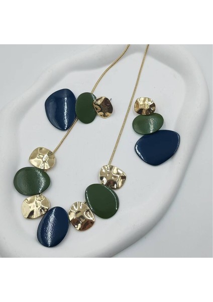 Kontrastlı Geometrik Takı Seti, Retro Altın-Mavi-Yeşil Derin Mavili A Tılı Kolye ve Küpe (Yurt Dışından)