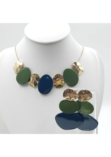 Kontrastlı Geometrik Takı Seti, Retro Altın-Mavi-Yeşil Derin Mavili A Tılı Kolye ve Küpe (Yurt Dışından) fırsatları