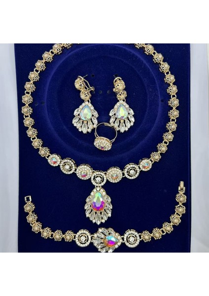 Çok Satan Lüks Gelin Düğün Kolyesi Küpe, Elbise Damlası Yapay Zirkonlu 4 Parça Takı Seti (Yurt Dışından)