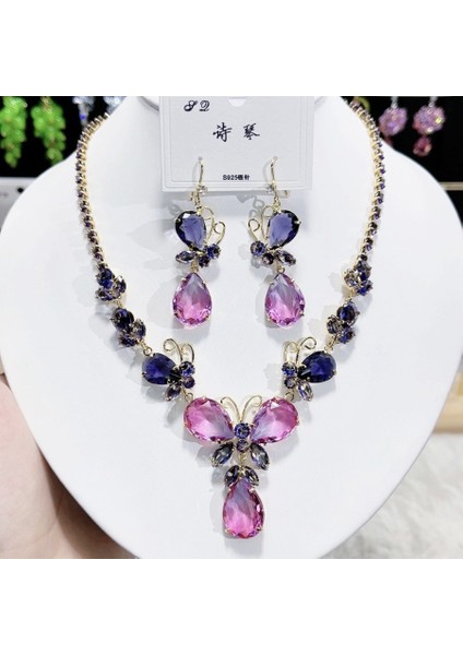 Zirkon Lüks Kolye Küpe Seti, Zarif Siyah Altın Mor Kolyesi, Prestijli Kolye (Yurt Dışından)