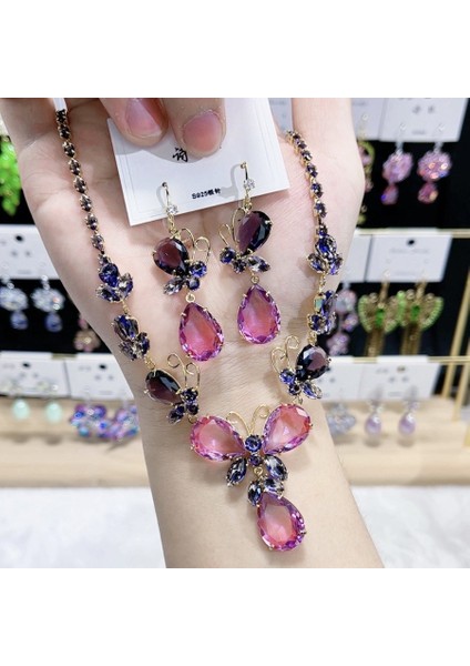 Zirkon Lüks Kolye Küpe Seti, Zarif Siyah Altın Mor Kolyesi, Prestijli Kolye (Yurt Dışından) fiyatları