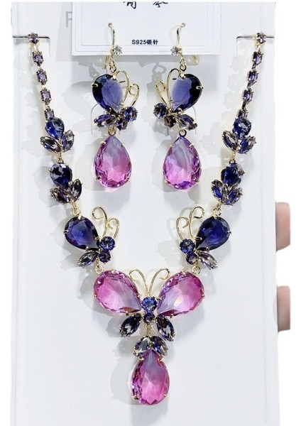 Zirkon Lüks Kolye Küpe Seti, Zarif Siyah Altın Mor Kolyesi, Prestijli Kolye (Yurt Dışından) modelleri