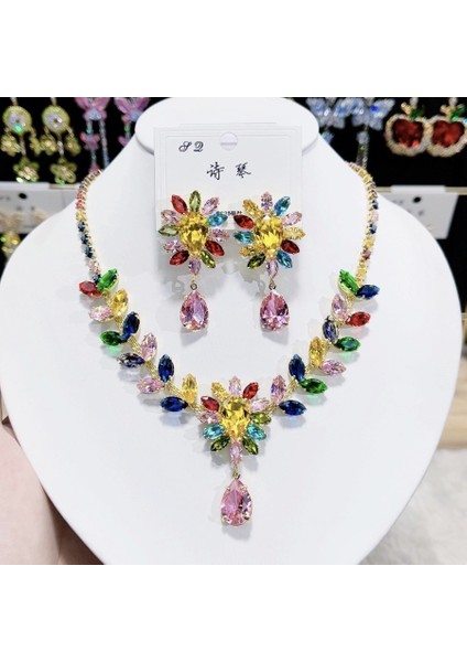 Renkli Zirkonlu Moda Lüks Kolye Küpe Seti, 925 Gümüş Iğneli Zirkon Kolye Detaylı (Yurt Dışından)